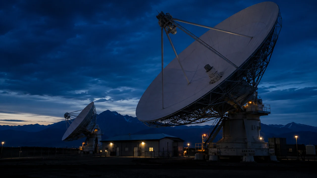 Illustrative satellite ground station at night